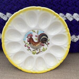 Adorable Vintage Handpainted Yellow and White Rooster Deviled Egg Plate